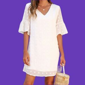 BELONGSCI Women's ultra white Plus size sheer clip dot Bell sleeve midi dress